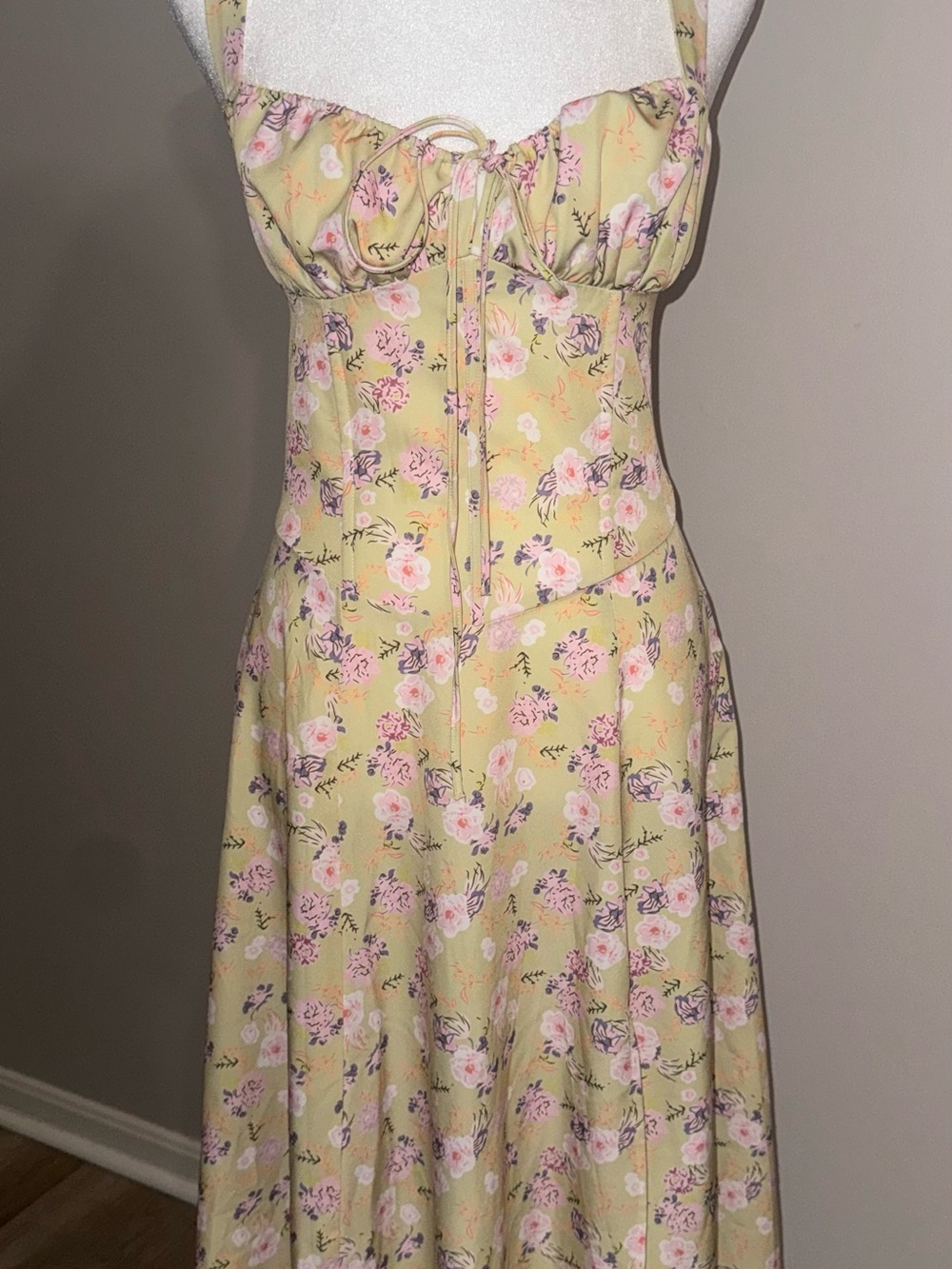 Yellow Floral Midi Dress with Pink Rose Details